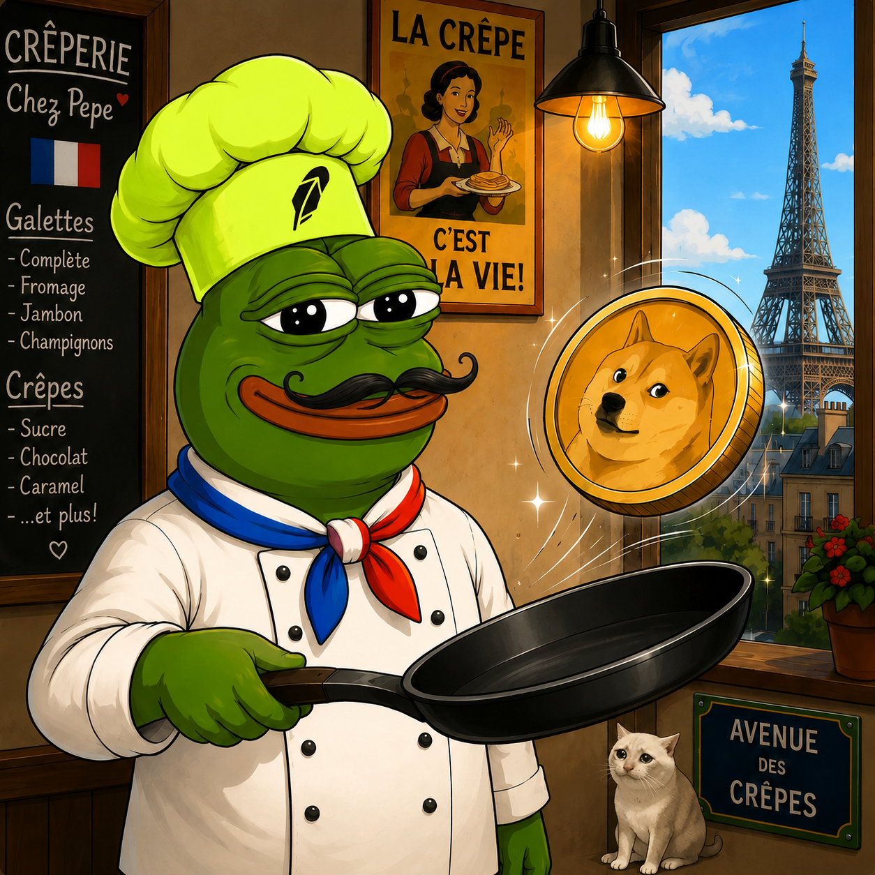 Crêpe Pepe, a green frog chef in a lime toque, holding a pan in his Paris crêperie with a Doge coin flipping above it and a cat beside him